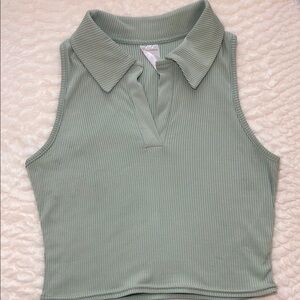 Mint Green Ribbed Sleeveless Polo Top